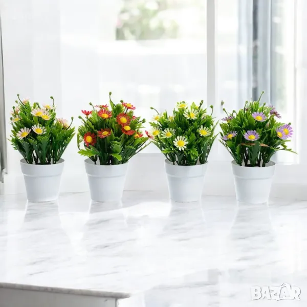 5715 Изкуствени маргаритки в бяла саксия, 17 см, снимка 1