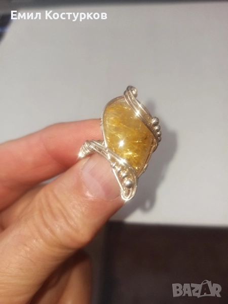 Продавам сребърен пръстен/999 проба/ с камък Рутилов кварц - авторска изработка, снимка 1