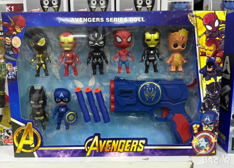 Комплект 8 фигурки с пистолет със стрели Avengers, Spiderman/Непобедимите, снимка 1