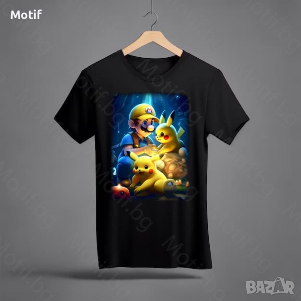 Тениска Motif с цветна щампа Super Mario and Pokemon Pikachu/ Супер Марио  и Покемон Пикачу, снимка 1