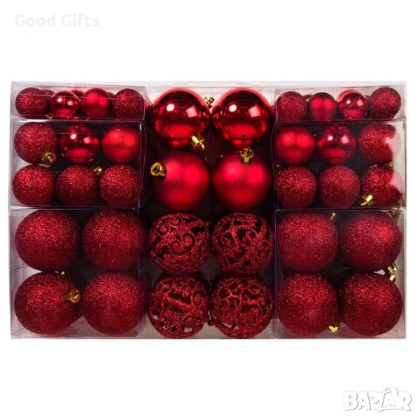 100 броя Комплект червени коледни топки в 3 размера, снимка 1