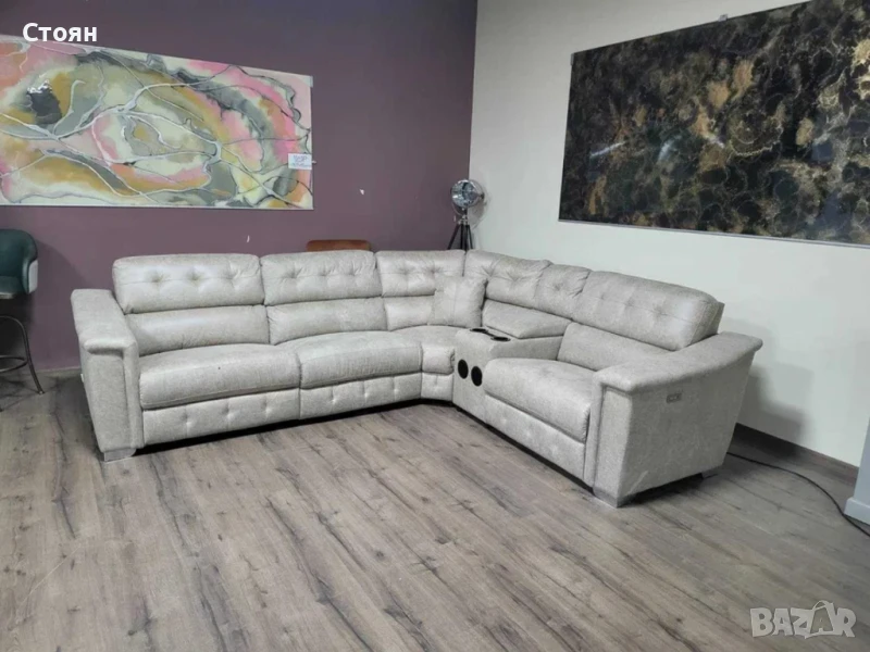 Кремав ъглов диван от плат La-z-boy с електрически релакс механизъм, снимка 1