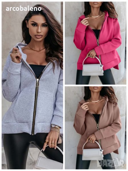 Дамски свободен ежедневен суичър с джоб и цип с качулка, 3цвята, снимка 1
