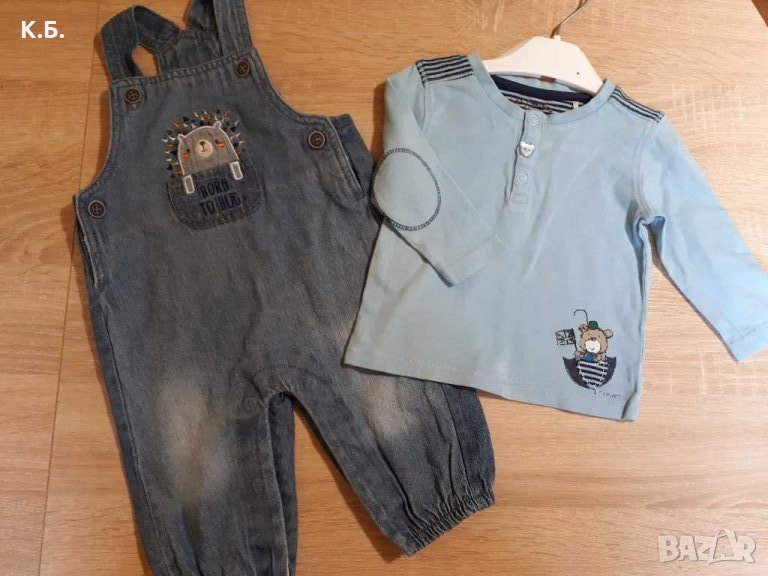 Дънково гащеризонче с памучна подплата и блузка за момченце р-р 68/74, снимка 1