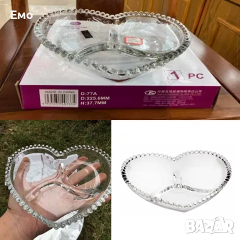 Стъклена чиния ордьовър сърце с 3 отделения