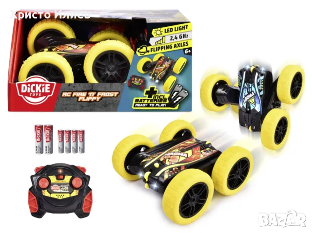 Кола с дистанционно въртяща преобръщаща 1:28 360 градуса големи жълти гуми Dickie Toys