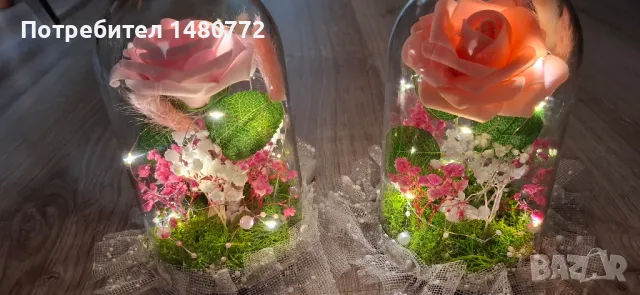 Светещи куполи с изкуствена роза, декорация и скандинавски мъх , снимка 3 - Друга електроника - 49022265