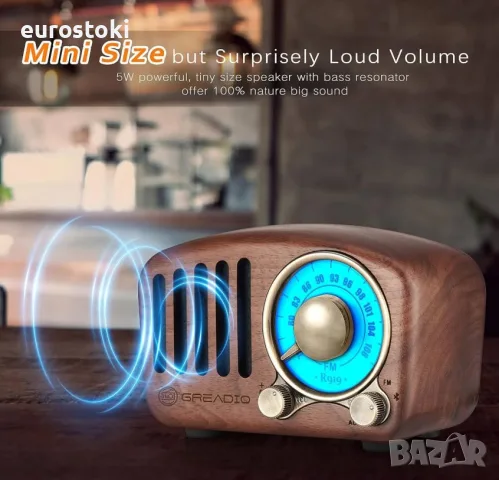 Винтидж радио Greadio от естествено орехово дърво, мини FM радио в ретро стил, Bluetooth , снимка 4 - Други - 56184956