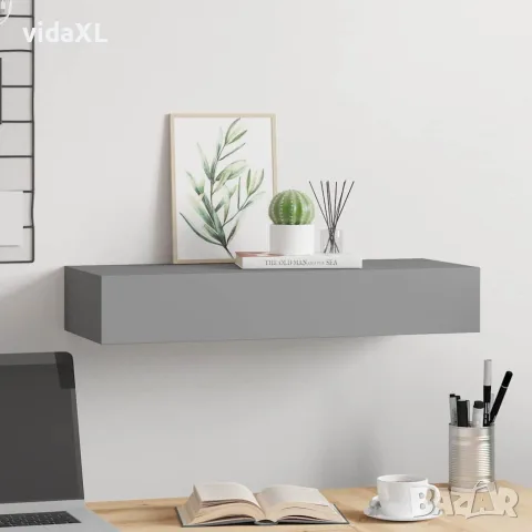 vidaXL Стенен рафт с чекмедже, сив, 60x23,5x10 см, МДФ, снимка 3 - Етажерки - 56146911
