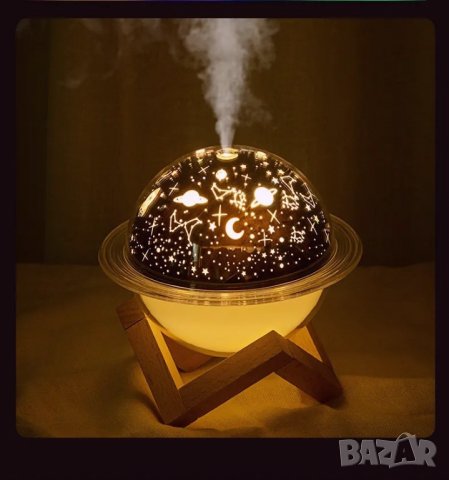 НОВ Арома дифузер 250 мл, лампа проектор и овлажнител на въздух с дървена стойка 3 в 1, снимка 1