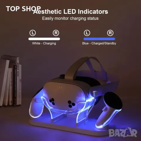 Докинг станция за зареждане за MetaQuest 3S/Quest 3, с LED индикатор, за VR конзола и контролер, бял, снимка 9 - Друга електроника - 49551805