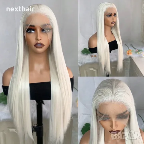 Платинено руса Lace Front перука - дълга права коса 80 см, термоустойчива, дантела 13×4, снимка 2 - Аксесоари за коса - 55949918