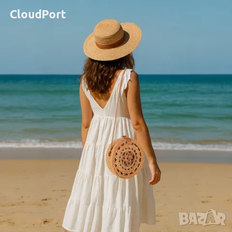  Дамска сламена плажна чанта, Polo Air, ръчна изработка, кръгла, 21х7 см, Бежово, снимка 4 - Чанти - 50394037