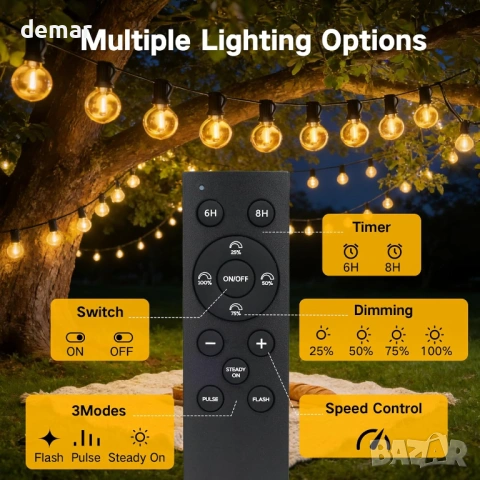 Соларни гирлянди за градина, 10 метра, IP65 LED крушки G40, дистанционно, снимка 8 - Соларни лампи - 54109049