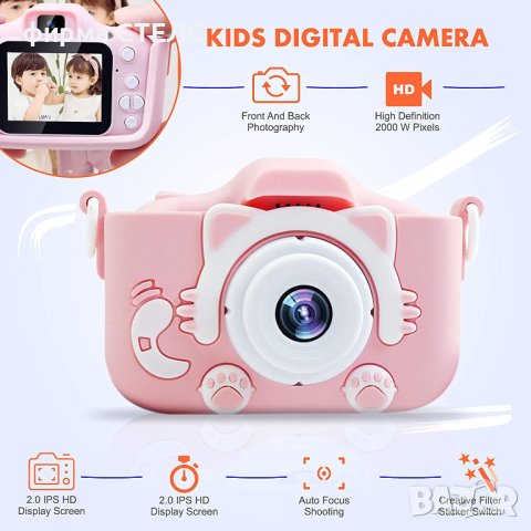 Дигитален детски фотоапарат STELS W301, 64GB SD карта, Игри, Розов/Син, снимка 7 - Фотоапарати - 40246609