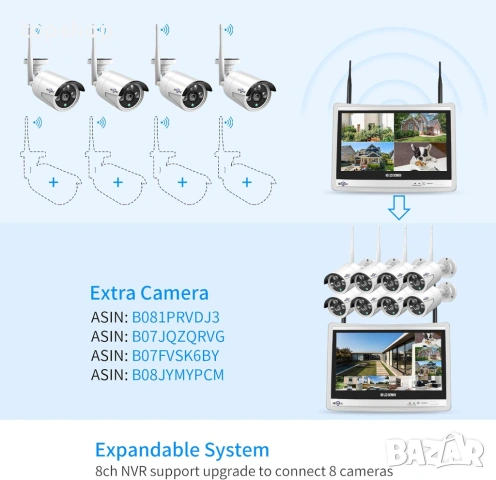 12" LCD Монитор с NVR Hiseeu – 10-канален безжичен рекордер за видеонаблюдение, снимка 6 - Други - 53252245
