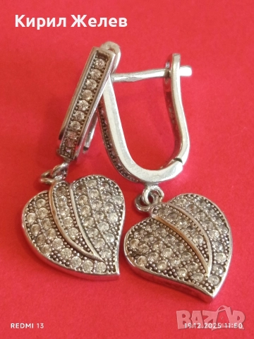 Сребърни обеци във формата на сърце инкрустирани с планински кристал прелестни 50974, снимка 6 - Обеци - 52846234