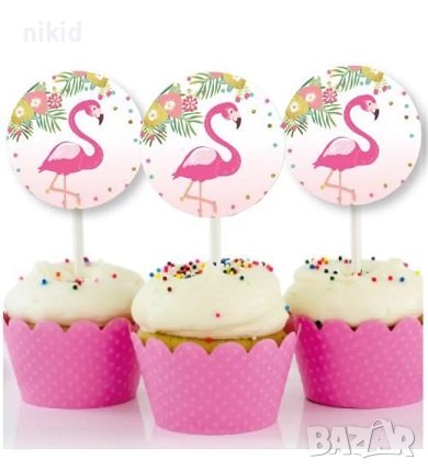 20 бр кръгли овал топери Фламинго за мъфини кексчета хапки парти рожден ден декор, снимка 1 - Други - 39058324