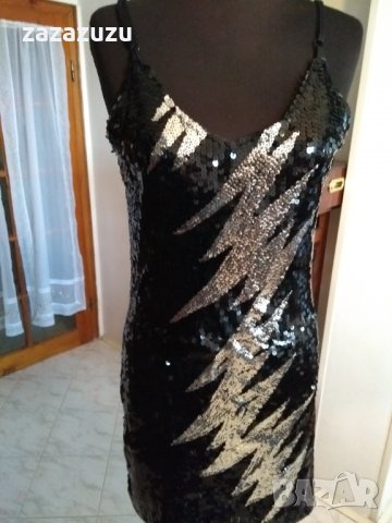 Елегантна дамска рокля в черно и сребро пайети, снимка 1 - Поли - 30697236
