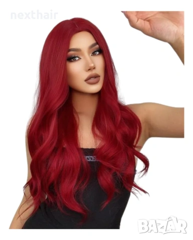 70 см Тъмно червена (бордо) синтетична перука, снимка 6 - Аксесоари за коса - 53135909