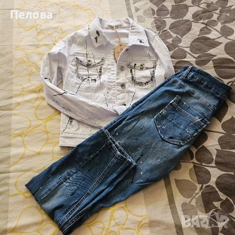 Бяло дънково яке с пръски боя, снимка 4 - Якета - 54178189
