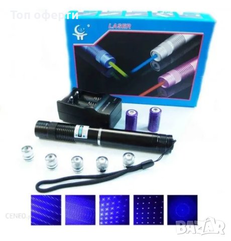 Мощен син акумулаторен лазер пойнтер 2000mW палещ клечка кибрит горящ, снимка 2 - Измервателни инструменти - 42067430