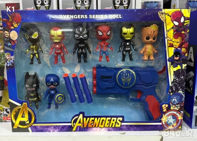 Комплект 8 фигурки с пистолет със стрели Avengers, Spiderman/Непобедимите
