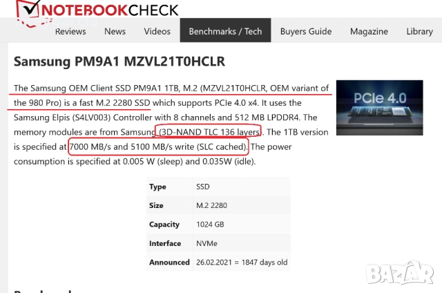  1024GB Samsung EVO 980 Pro OEM 1TB SSD NVMe 7000/5100mb read/write Samsung PM9A1 работил 27 дни , снимка 2 - Твърди дискове - 53902407