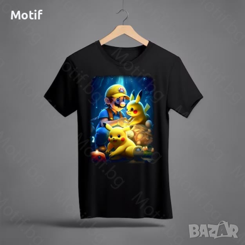Тениска Motif с цветна щампа Super Mario and Pokemon Pikachu/ Супер Марио  и Покемон Пикачу, снимка 1