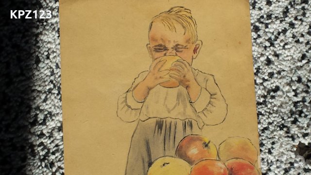 СТАРА КАРТИНА ДЕТЕ С ЯБЪКИ 40-те г. акварел /ЛИЛЯНА НИКОЛОВА, снимка 2 - Картини - 29111355