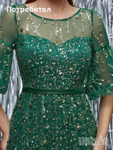 Тъмно зелена рокля със златисти пайети , снимка 3 - Рокли - 51409944