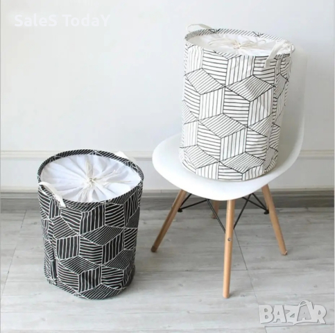 Кош за пране, текстил, бял цвят с черни линейни 