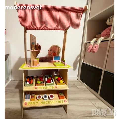 Дървен супермаркет за деца с касов апарат, аксесоари и комплект плодове, снимка 3 - Играчки за стая - 52652736