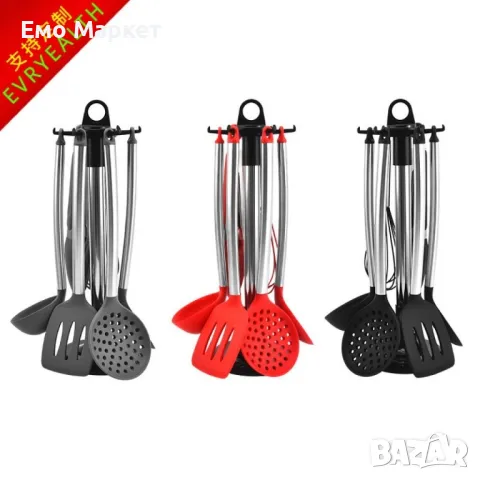 Силиконови кухненски прибори с метални дръжки 7 части , снимка 4 - Други - 48925613