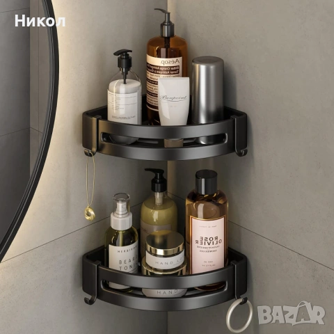 Черен рафт за баня 2 бр, с 4 регулируеми куки, неръждаема стомана, хромиран, баня, тоалетна, кухня