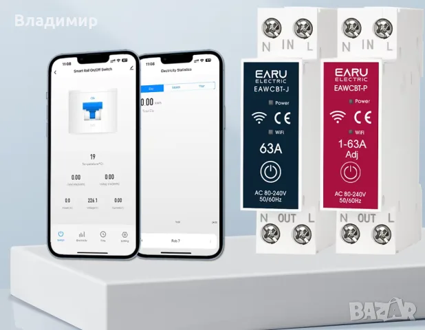 Smart WiFi автоматичен прекъсвач и защита, с измерване на ток, напрежение, мощност и енергия.