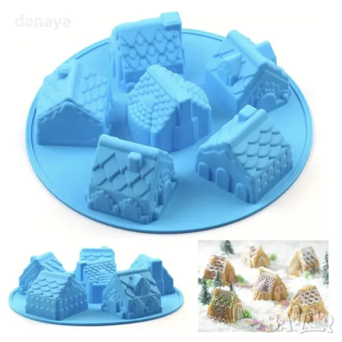 5628 Кръгла силиконова форма коледни къщички, 6 гнезда