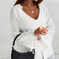 Дамска блуза в бяло с дълги ръкави с пискюли, от вискоза и лен, снимка 4 - Блузи с дълъг ръкав и пуловери - 44382552