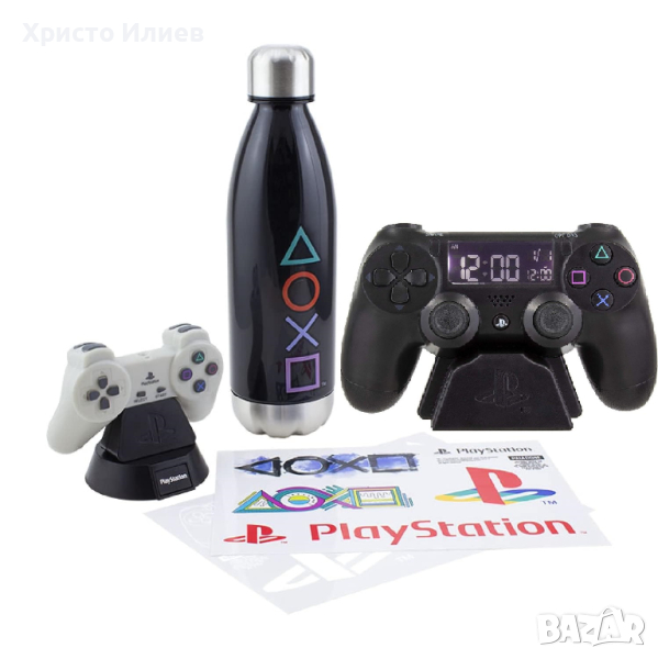 Подаръчен комплект PlayStation Часовник Бутилка Лампа Стикери Лицензиран Paladone, снимка 1