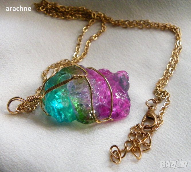 Позлатено сребърно колие с голям бразилски "динен" турмалин, снимка 1