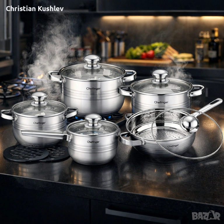 Комплект съдове за готвене 12 части Cheffinger, с индукционно дъно и стъклени капаци – тенджери, кас, снимка 1