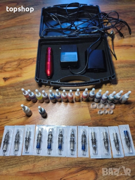 ТЕСТВАН професионален комплект за татуировки, машинка, ротационни писалки с патрони, захранване..., снимка 1