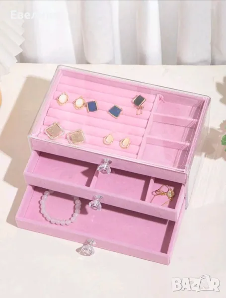 Кутия за бижута с рафтчета, розово кадифе, страхотна за подарък на жена или момиче, снимка 1