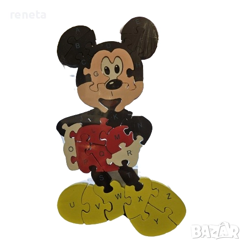 Пъзел Мики маус, С букви и цифри, Дървен, 26 части, Многоцветен, снимка 1