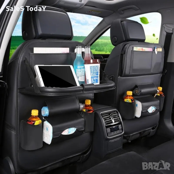 Кожен органайзер за седалка, масичка сет, еко кожа, черен, снимка 1