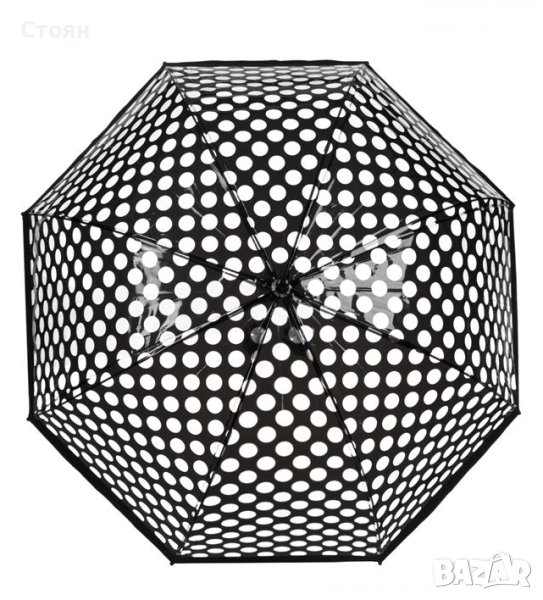 Чадър тип бастун автоматичен черен на прозрачни точки 80 см, снимка 1