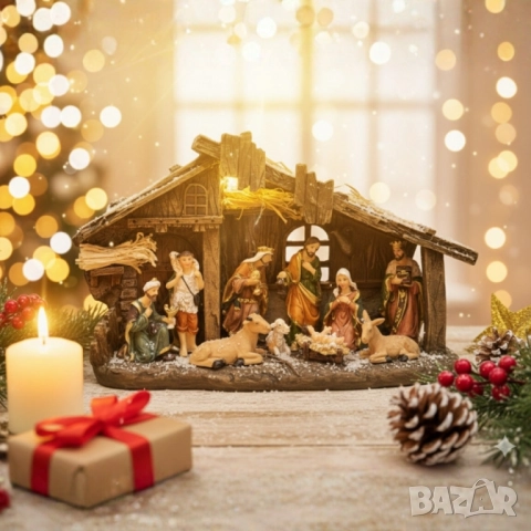 Коледна декоративна сцена с фигурки на Светото семейство – символ на любов и хармония, снимка 2 - Други стоки за дома - 52134054