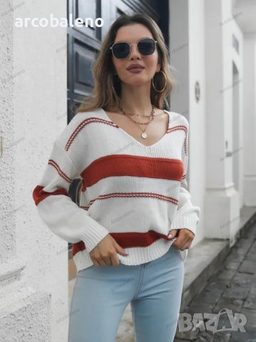 Дамски раиран пуловер с V-образно деколте и паднал ръкав, 2цвята , снимка 3 - Блузи с дълъг ръкав и пуловери - 39633202