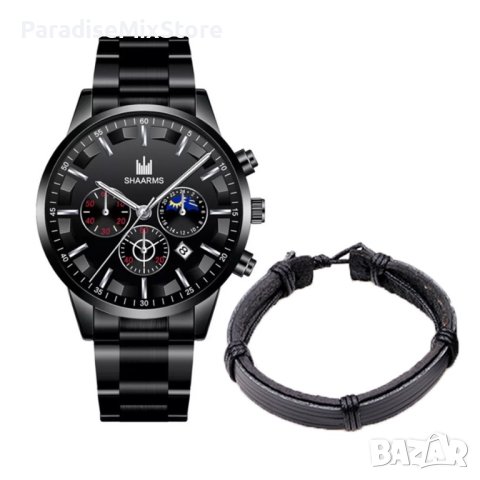 Мъжки елегантен водоустойчив часовник BASID / Цвят – черен със сребристи елементи, снимка 1 - Мъжки - 42764357