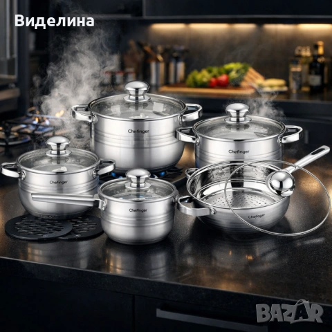 Комплект съдове за готвене 12 части Cheffinger, с индукционно дъно и стъклени капаци – тенджери, кас, снимка 4 - Съдове за готвене - 53172783